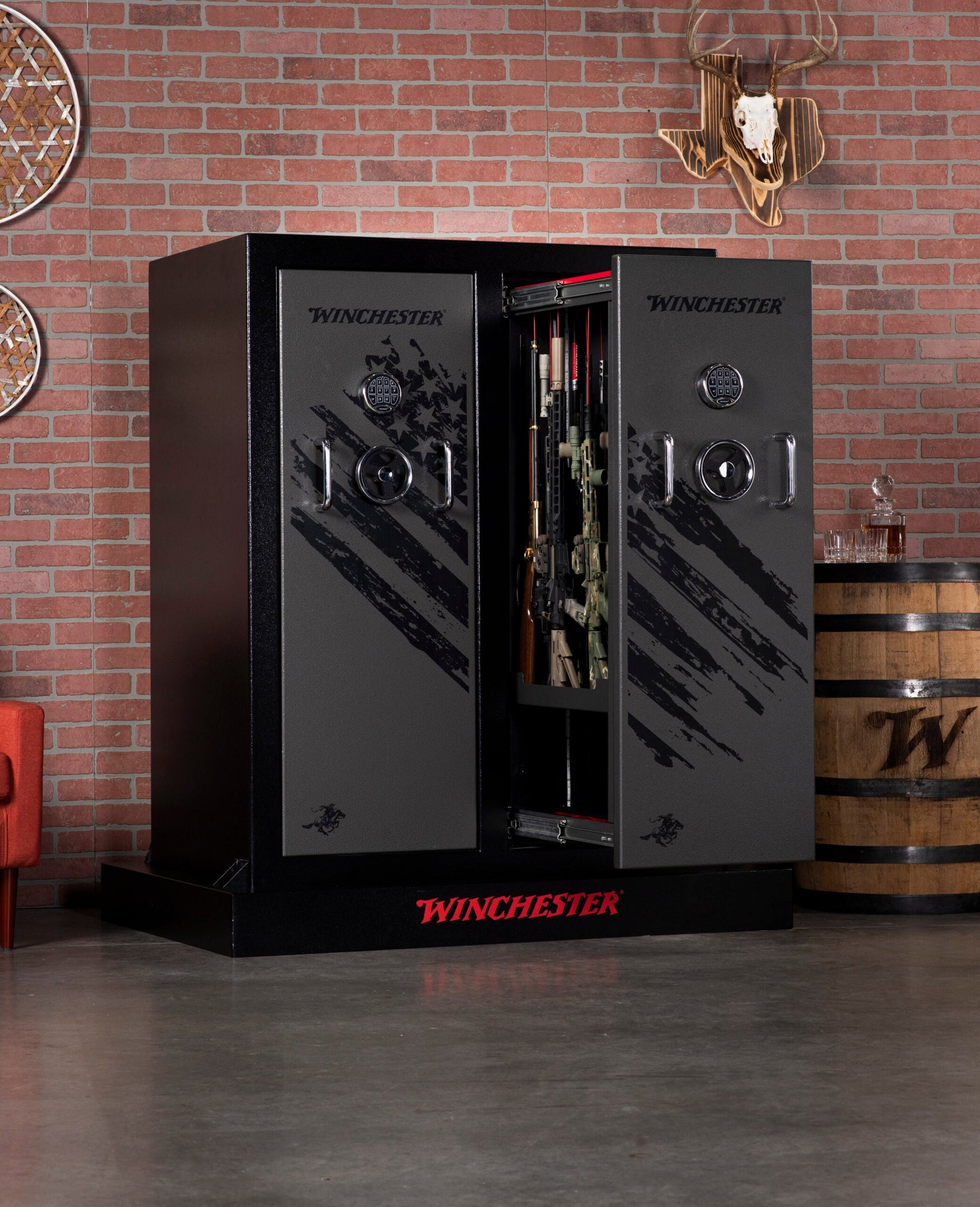 Winchester gun safe in a room with a brick wall and decorative elements.