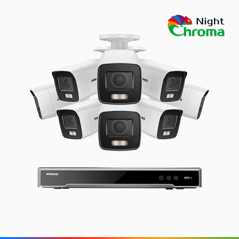ANNKE NightChromaTM NCK800 – 4K 8 Channel 8 Cameras PoE Security System, f/1.0 Super Aperture, Color Night Vision, 2CH 4K Decoding Capability, Human & Vehicle Detection, Intelligent Behavior Analysis, Built-in Mic, 124° FoV, All-Metal Housing