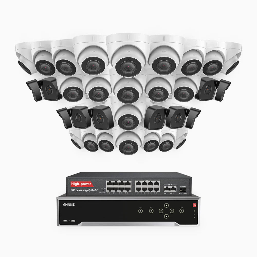 ANNKE H500 - 3K 32 Channel PoE Security System with 10 Bullet & 22 Turret Cameras, EXIR 2.0 Night Vision, Built-in Mic & SD Card Slot, Works with Alexa, 16-Port PoE Switch Included ,IP67 Waterproof, RTSP Supported