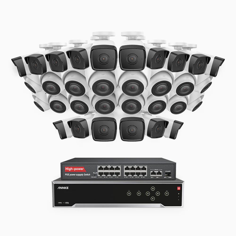 ANNKE H500 - 3K 32 Channel PoE Security System with 16 Bullet & 16 Turret Cameras, EXIR 2.0 Night Vision, Built-in Mic & SD Card Slot, Works with Alexa, 16-Port PoE Switch Included ,IP67 Waterproof, RTSP Supported
