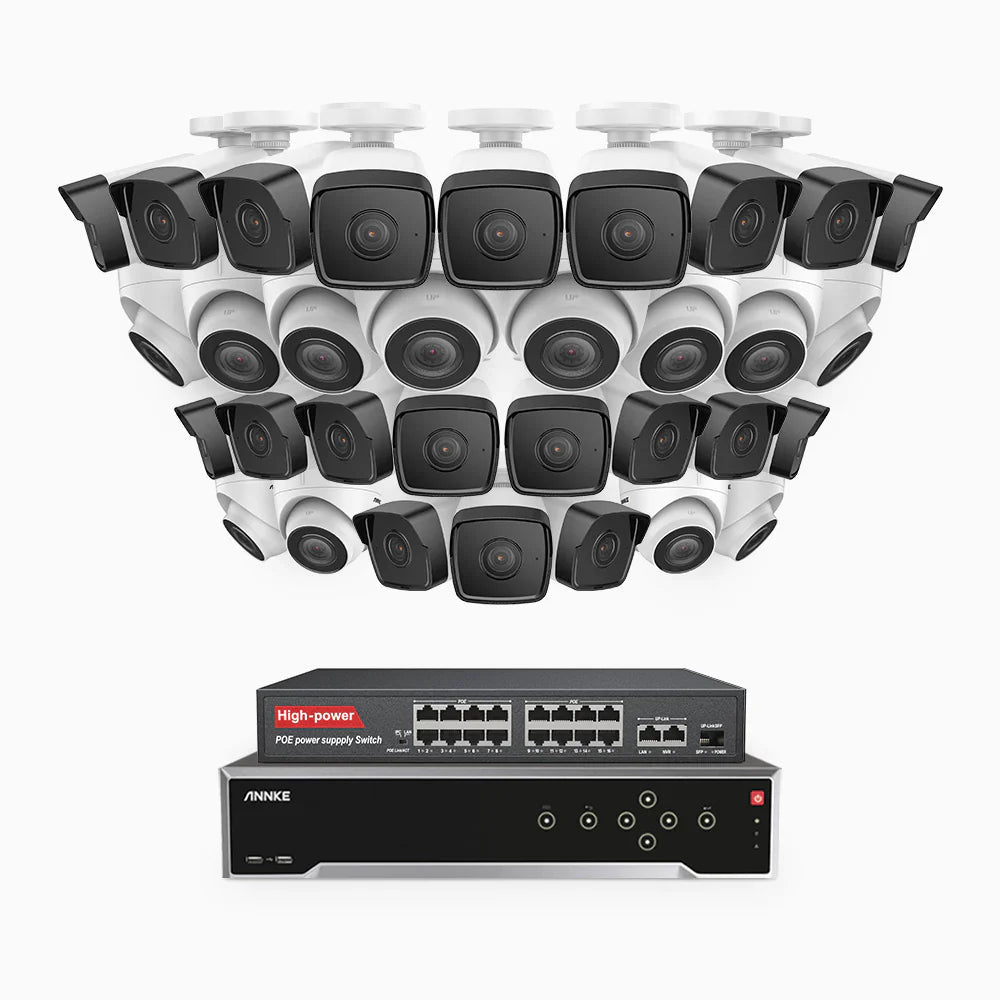 ANNKE H500 - 3K 32 Channel PoE Security System with 20 Bullet & 12 Turret Cameras, EXIR 2.0 Night Vision, Built-in Mic & SD Card Slot, Works with Alexa, 16-Port PoE Switch Included ,IP67 Waterproof, RTSP Supported