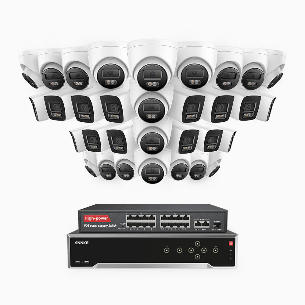 ANNKE H800 - 4K 32 Channel PoE Security System with 14 Bullet & 18 Turret Cameras, Human & Vehicle Detection, Color & IR Night Vision, Built-in Mic, RTSP Supported, 16-Port PoE Switch Included