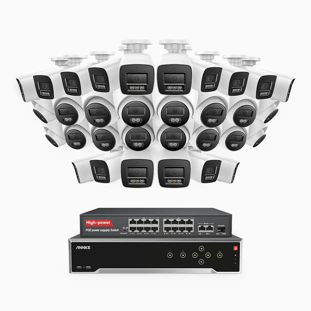 ANNKE H1200 - 4K 12MP 32 Channel PoE Security System with 16 Bullet & 16 Turret Cameras, Color & IR Night Vision, Human & Vehicle Detection, H.265+, Built-in Microphone, Max. 512 GB Local Storage, IP67