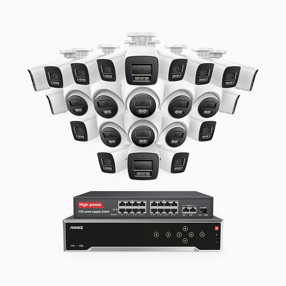 ANNKE H800 - 4K 32 Channel PoE Security System with 16 Bullet & 8 Turret Cameras, Human & Vehicle Detection, Color & IR Night Vision, Built-in Mic, RTSP Supported, 16-Port PoE Switch Included