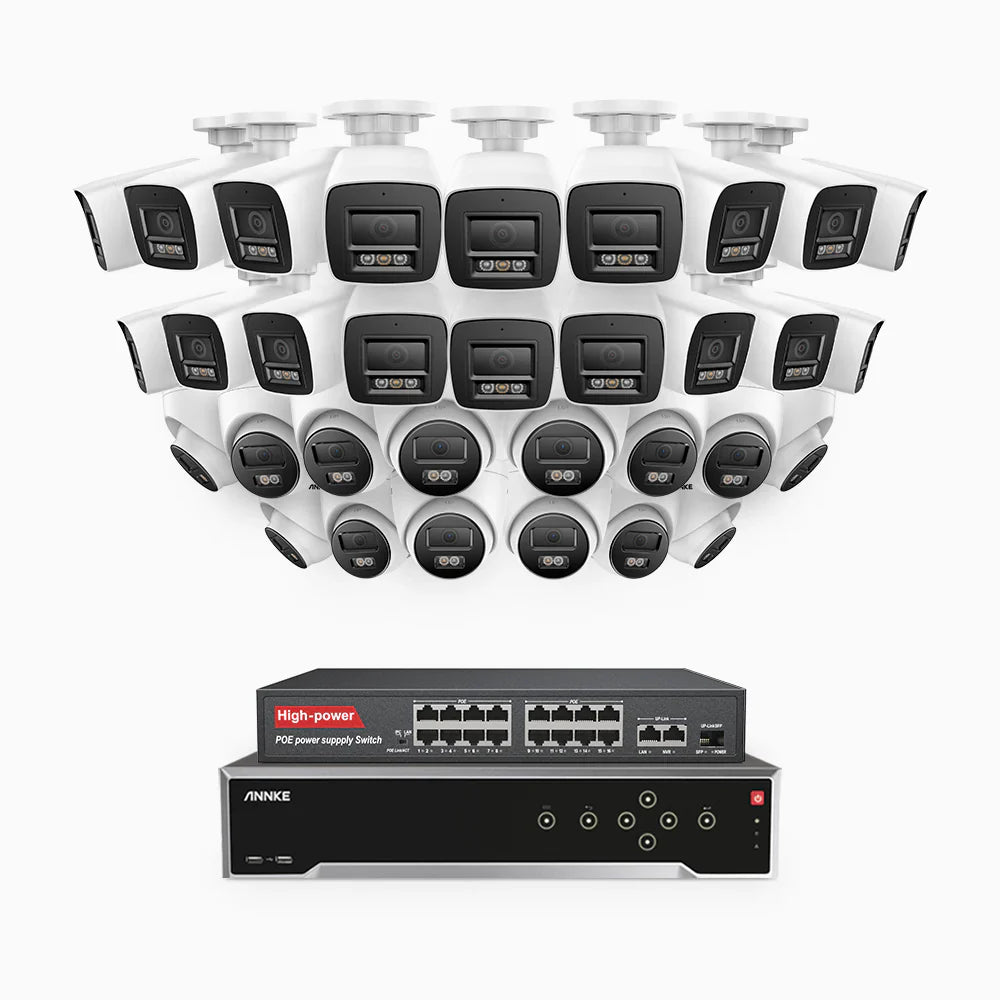 ANNKE H800 - 4K 32 Channel PoE Security System with 18 Bullet & 14 Turret Cameras, Human & Vehicle Detection, Color & IR Night Vision, Built-in Mic, RTSP Supported, 16-Port PoE Switch Included