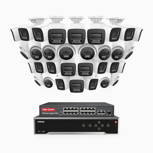 ANNKE H800 - 4K 32 Channel PoE Security System with 20 Bullet & 12 Turret Cameras, Human & Vehicle Detection, Color & IR Night Vision, Built-in Mic, RTSP Supported, 16-Port PoE Switch Included