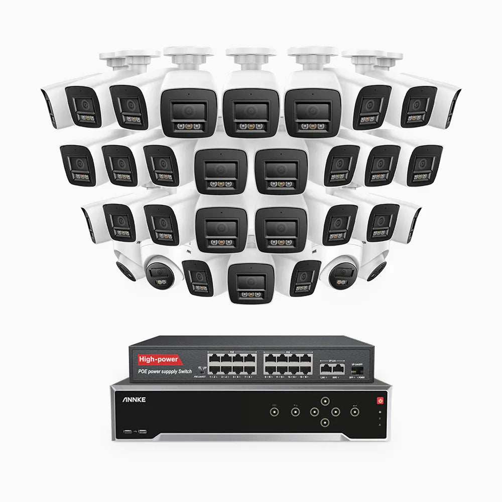 ANNKE H800 - 4K 32 Channel PoE Security System with 28 Bullet & 4 Turret Cameras, Human & Vehicle Detection, Color & IR Night Vision, Built-in Mic, RTSP Supported, 16-Port PoE Switch Included