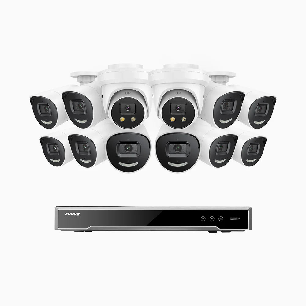 ANNKE H800X - 4K 16 Channel PoE Security System with 10 Bullet & 2 Turret Cameras, 1/1.8'' BSI Sensor, f/1.6 Aperture (0.003 Lux), Siren & Strobe Alarm,Two-Way Audio, Human & Vehicle Detection, Perimeter Protection, Works with Alexa, All-Metal Housing