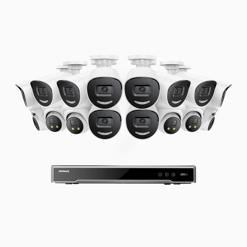 ANNKE H800X - 4K 16 Channel PoE Security System with 10 Bullet & 6 Turret Cameras, 1/1.8'' BSI Sensor, f/1.6 Aperture (0.003 Lux), Siren & Strobe Alarm, Two-Way Audio, Human & Vehicle Detection, Perimeter Protection, Works with Alexa, All-Metal Housing
