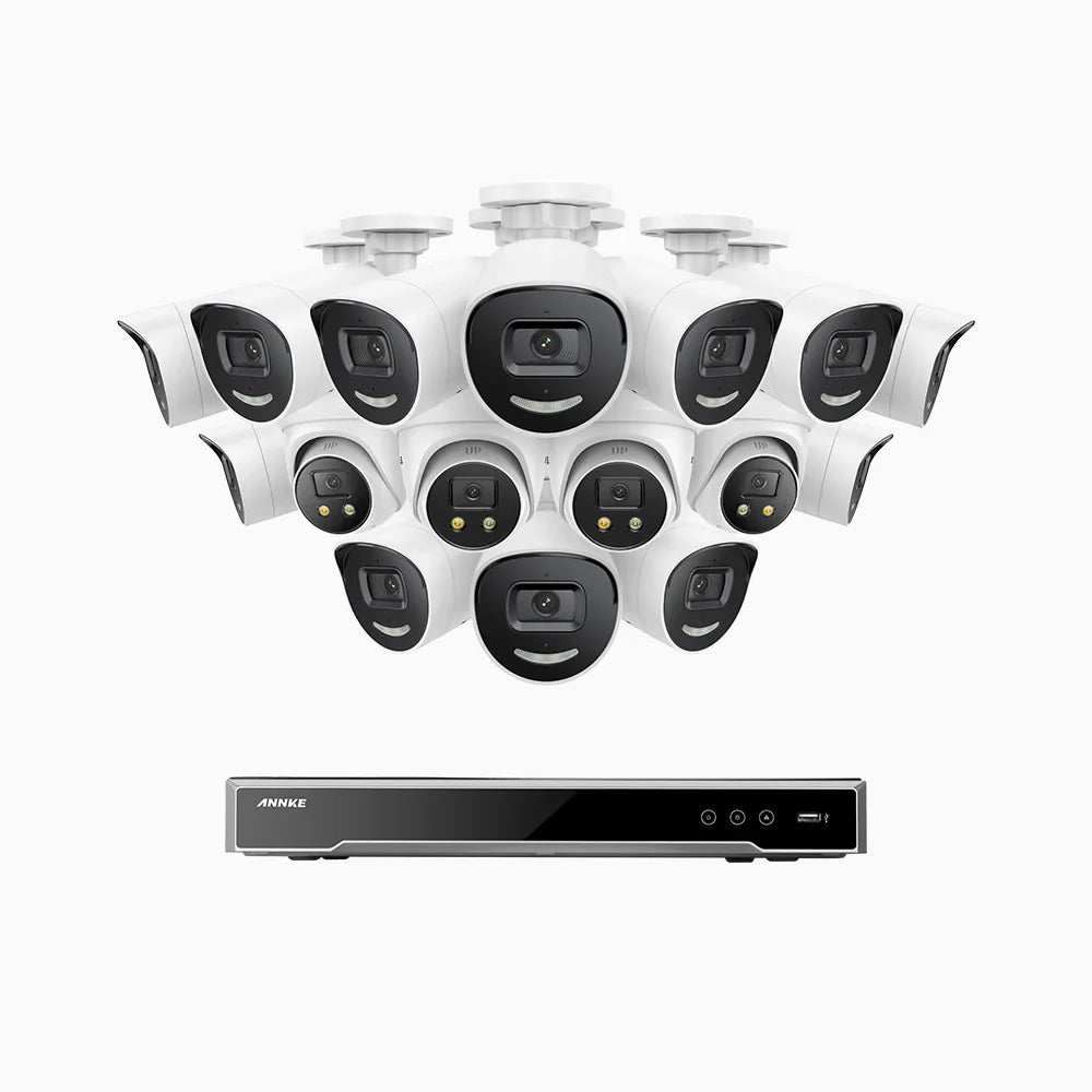 ANNKE H800X - 4K 16 Channel PoE Security System with 12 Bullet & 4 Turret Cameras, 1/1.8'' BSI Sensor, f/1.6 Aperture (0.003 Lux), Siren & Strobe Alarm,Two-Way Audio, Human & Vehicle Detection, Perimeter Protection, Works with Alexa, All-Metal Housing