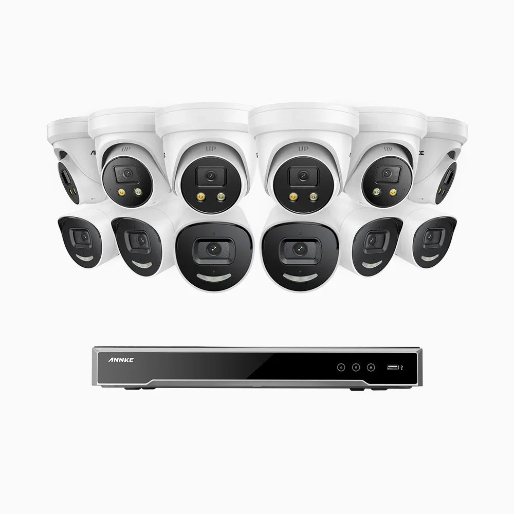 ANNKE H800X - 4K 16 Channel PoE Security System with 6 Bullet & 6 Turret Cameras, 1/1.8'' BSI Sensor, f/1.6 Aperture (0.003 Lux), Siren & Strobe Alarm,Two-Way Audio, Human & Vehicle Detection, Perimeter Protection, Works with Alexa, All-Metal Housing