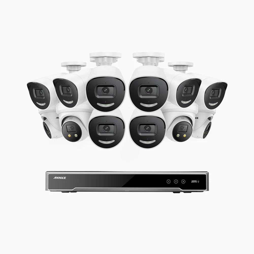 ANNKE H800X - 4K 16 Channel PoE Security System with 8 Bullet & 4 Turret Cameras, 1/1.8'' BSI Sensor, f/1.6 Aperture (0.003 Lux), Siren & Strobe Alarm,Two-Way Audio, Human & Vehicle Detection, Perimeter Protection, Works with Alexa, All-Metal Housing