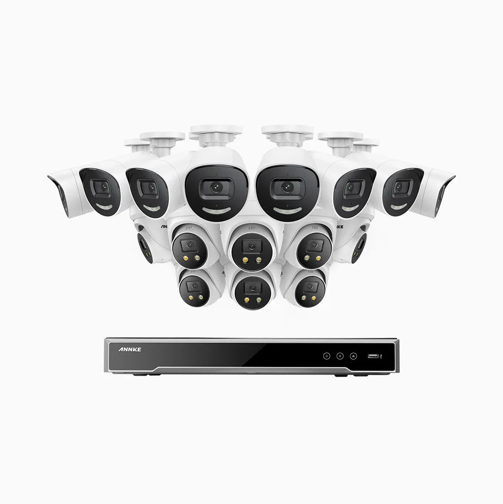 ANNKE H800X - 4K 16 Channel PoE Security System with 8 Bullet & 8 Turret Cameras, 1/1.8'' BSI Sensor, f/1.6 Aperture (0.003 Lux), Siren & Strobe Alarm,Two-Way Audio, Human & Vehicle Detection, Perimeter Protection, Works with Alexa, All-Metal Housing