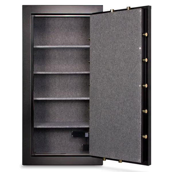 Mesa Safe MBF5922E burglary-fire gun safe with electronic lock, black steel finish

Fire-resistant gun safe MBF5922E, 14 rifle capacity, black powder-coated exterior

Mesa Safe MBF5922E secure gun storage safe, 59-inch height, electronic keypad lock

Burglary-resistant gun safe MBF5922E with upholstered interior and adjustable shelves

Compact steel gun safe MBF5922E, 1-hour fire rating, black finish