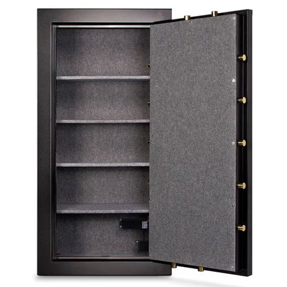 Mesa Safe MBF5922E burglary-fire gun safe with electronic lock, black steel finish

Fire-resistant gun safe MBF5922E, 14 rifle capacity, black powder-coated exterior

Mesa Safe MBF5922E secure gun storage safe, 59-inch height, electronic keypad lock

Burglary-resistant gun safe MBF5922E with upholstered interior and adjustable shelves

Compact steel gun safe MBF5922E, 1-hour fire rating, black finish
