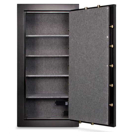 Mesa Safe MBF5922E burglary-fire gun safe with electronic lock, black steel finish

Fire-resistant gun safe MBF5922E, 14 rifle capacity, black powder-coated exterior

Mesa Safe MBF5922E secure gun storage safe, 59-inch height, electronic keypad lock

Burglary-resistant gun safe MBF5922E with upholstered interior and adjustable shelves

Compact steel gun safe MBF5922E, 1-hour fire rating, black finish