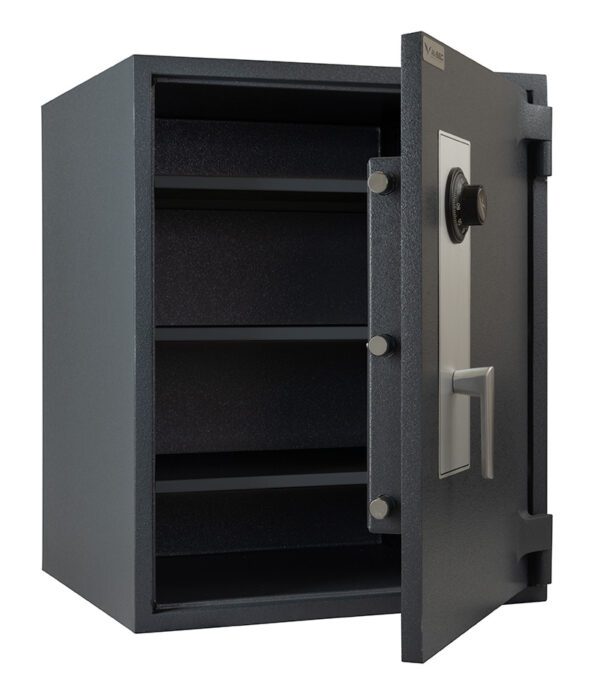Black safe with open door on a white background