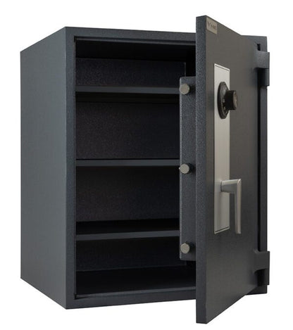Black safe with open door on a white background