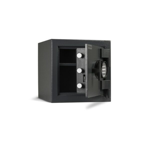 Black safe box with open door on a white background