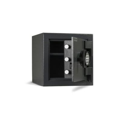 Black safe box with open door on a white background