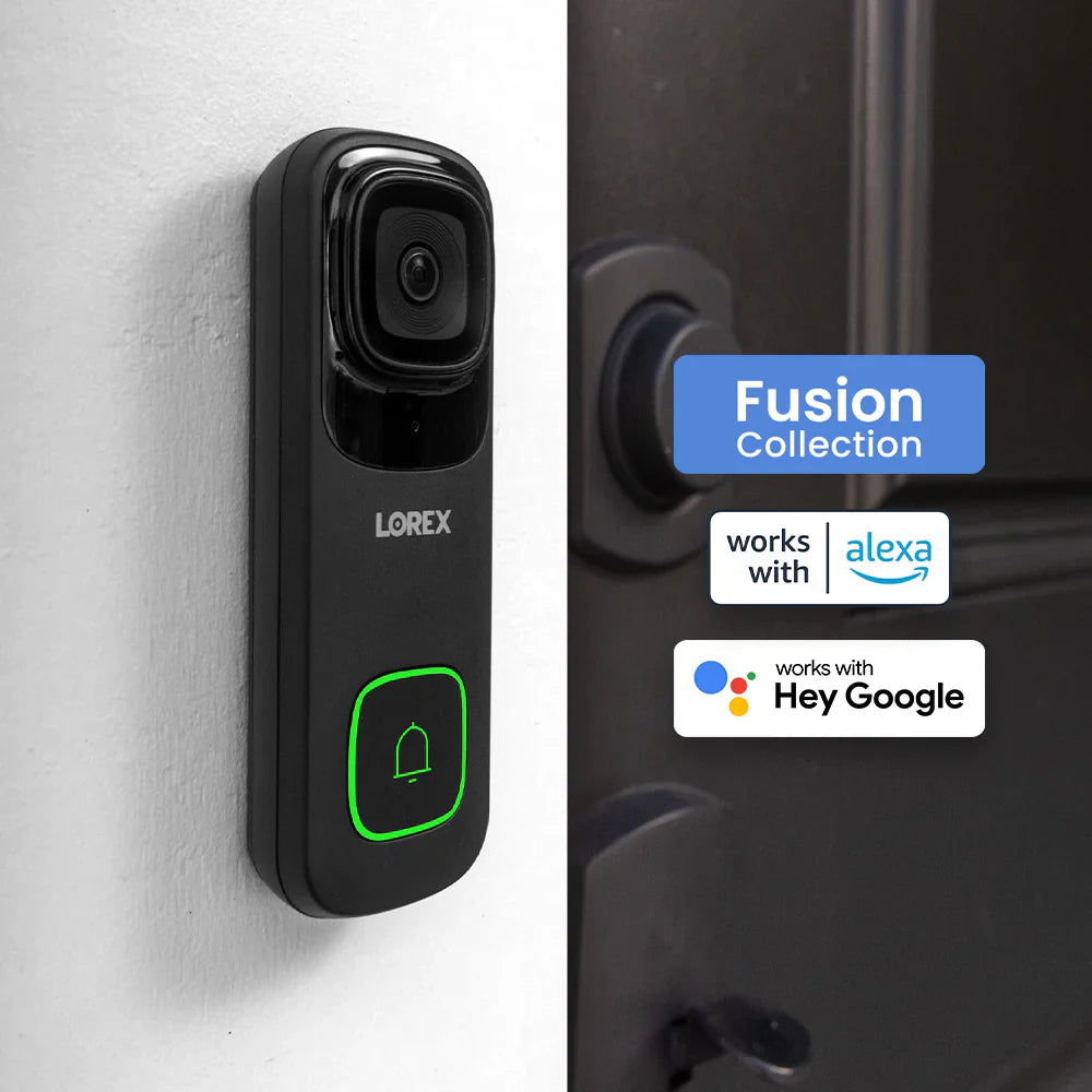 Smart doorbell with Alexa and Google Assistant compatibility on a wall and door.