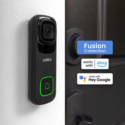 Smart doorbell with Alexa and Google Assistant compatibility on a wall and door.