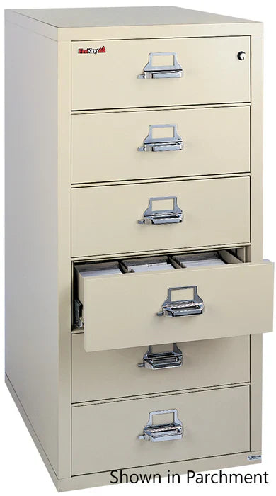 FireKing 1-Hour Fire Rated Card, Check & Note File Cabinet – 4-Drawer model in platinum finish

FireKing 6-Drawer fireproof file cabinet with drawers open showing card and check storage compartments

Close-up of FireKing UL-rated fire label and key lock on fireproof steel filing cabinet drawer

FireKing 1-Hour fire-rated filing cabinet placed in office setting for secure record storage

Side view of FireKing 1-Hour Fire Rated File Cabinet showing fire-resistant steel construction

FireKing fireproof 4-drawe